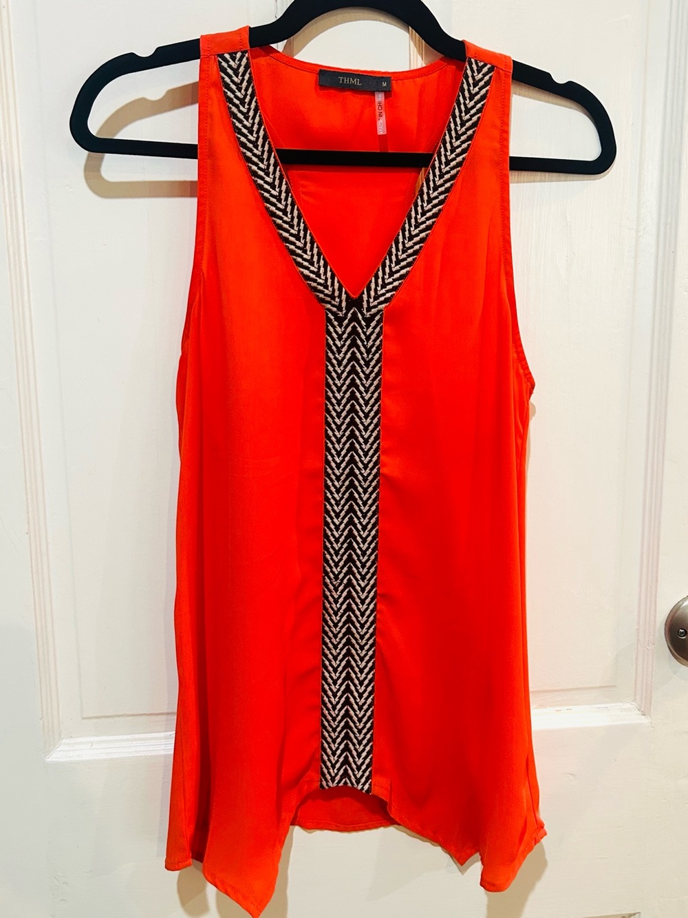 THML Bright Orange-Red Tribal Embroidered Tank Top Tunic Boho Summer Size M
